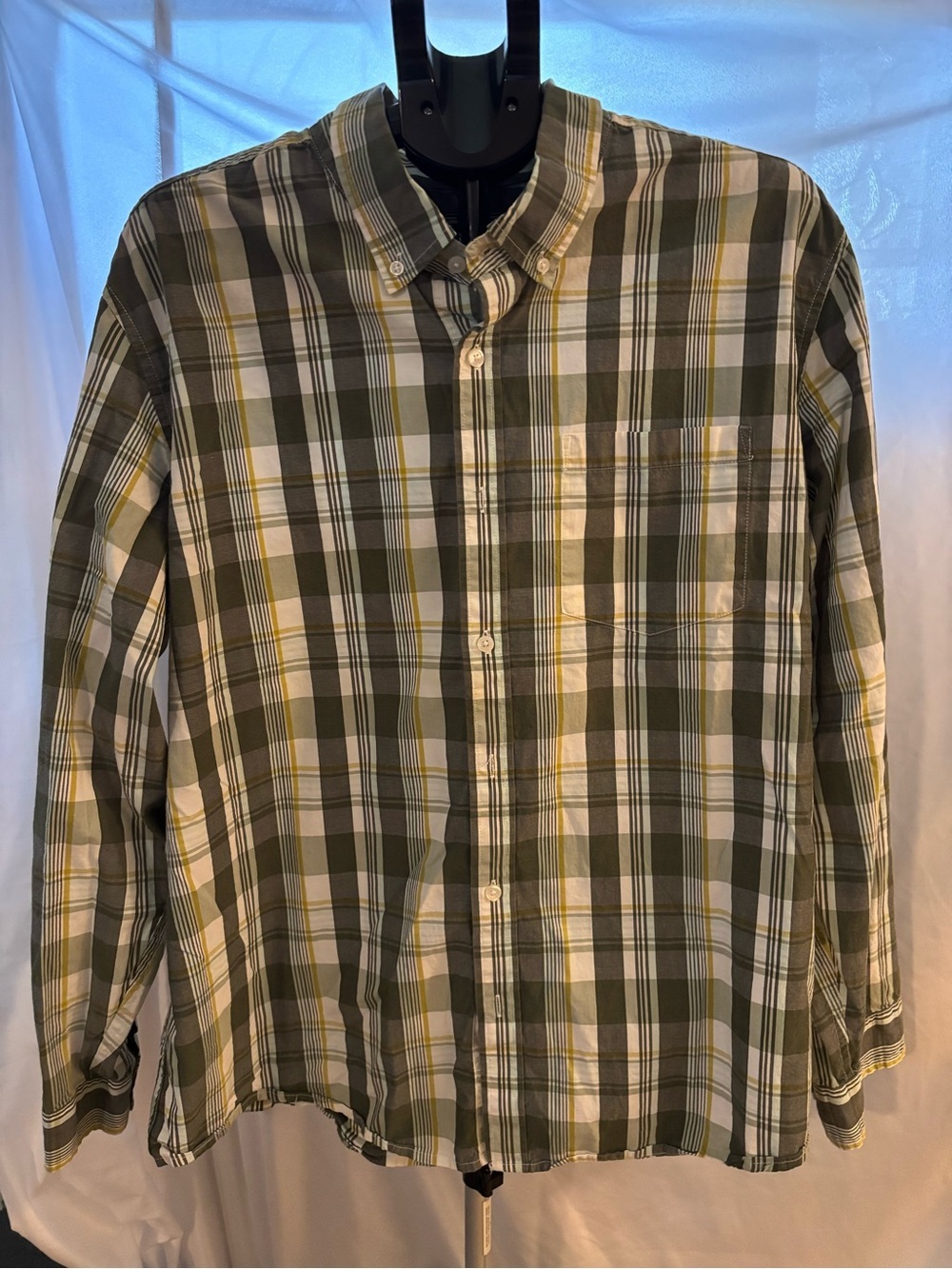 Eddie Bauer Olive, White & Yellow Plaid Button-Down Shirt